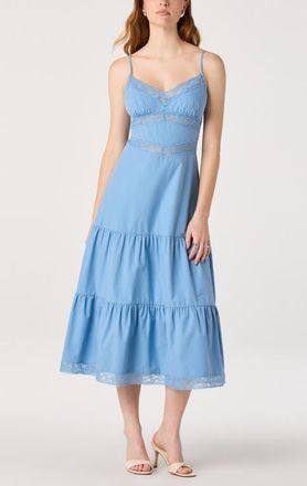 ASTR the Label Berenice Lace Detail Tiered Cotton Dress in Blue at Nordstrom, Size X-Small