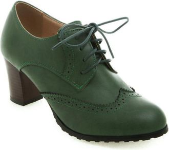 Generic Womens Round Toe Brogue Ankle Boots, Front Lace-Up Design and Chunky Heel for Retro Style,Green,5.5 UK