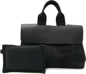 Herm&egrave;s Black Toile Chevron Leather Handbag Pouch Tote Bag (Pre-Owned)