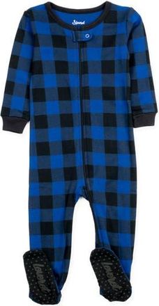 Leveret Kids Footed Plaid Cotton Matching Family Holiday Pajamas in Plaid Black & Navy at Nordstrom, Size 0-3M