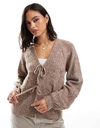 Object knit tie front cardigan in desert taupe-Neutral
