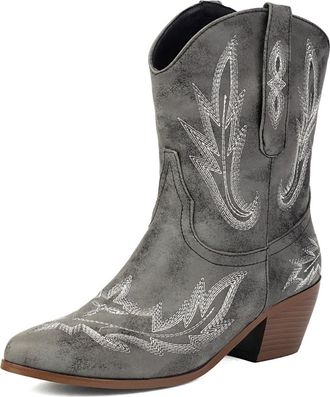Generic Womens Retro Western Ankle Boots with Embroidery Cowboy Style Pointed Toe Chunky Heels Faux Leather Comfortable Slip Resistant Durable for Casual Dail