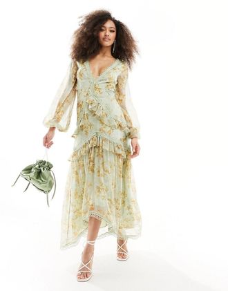 Asos long sleeve cut out midi dress in vintage floral print-Multi