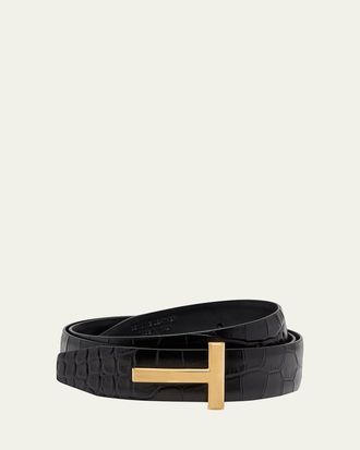 Tom Ford T Buckle Croc-Embossed Patent Belt