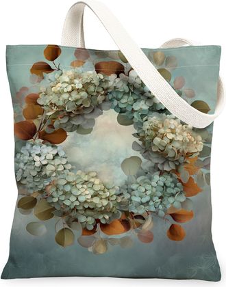 Generic Floral Canvas Tote Bags, Stylish Botanical Design Reusable Grocery Bags, Autumn Lightweight Washable Shoulder Strap Canvas, Blue, 13x15 Inch