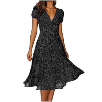 Generic Summer Dresses for Women 2026 Casusl V Neck Short Sleeve Midi Dresses A Line Flowy Boho Knee Length Trendy Dress