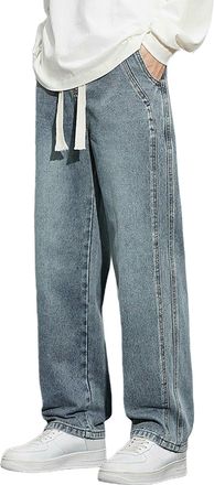 Generic Mens Denim Trousers Loose Fit Drawstring Elastic Waist Baggy Jeans Trousers Straight Wide Leg Denim Jeans Pants Casual Street Lightweight Pants Leisur