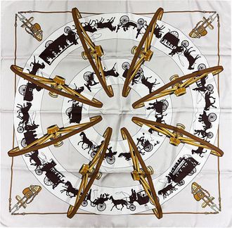 Hermès Cream Horse and Kart Print Silk Scarf