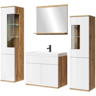 Badplaats Mobile da bagno Nobel LED XL 60cm - Rovere / bianco - specchio e mobili laterali