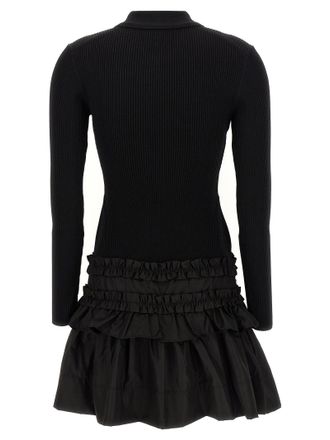 Ganni Ribbed Knit Flounced Dress - Black