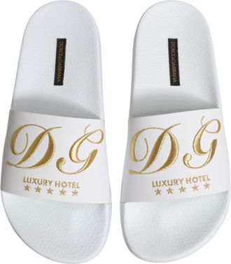 Dolce & Gabbana Mens White Leather Slides Sandals Beachwear Shoes Calfskin