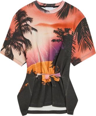 Paco Rabanne Printed Gathered Linen and Cotton-blend T-shirt - Purple - 40 (UK12 / M)