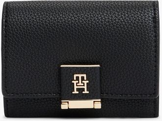 Tommy Hilfiger Womens Monogram Clasp Pebbled Trifold Wallet - Black