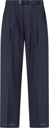 White Sand Black Pinstripe Straight-Leg Wool Trousers