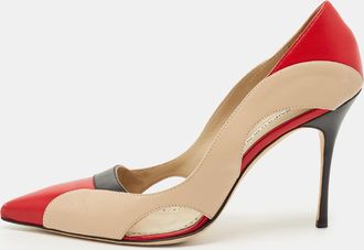 Manolo Blahnik Tricolor Cut Out Leather Vestala Pointed Toe Pumps