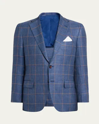 Kiton Mens Cashmere, Silk, and Linen Windowpane Sport Coat