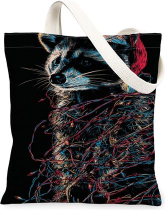 Generic Artistic Raccoon Canvas Tote Bags, Animal Print Reusable Grocery Bags, Vintage Lightweight Washable Shoulder Strap Canvas F, Black, 13x15 Inch