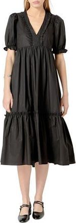 English Factory Puff Sleeve Empire Waist Tiered Cotton Midi Dress in Black at Nordstrom Rack, Size X-Small