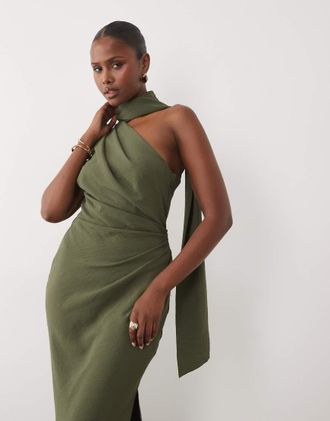 Asos Vestito lungo monospalla con sciarpa e vita raccolta kaki scuro-Verde