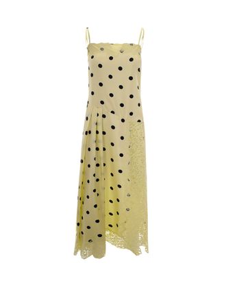 Sportmax Long Silk Twill Dress with Polka Dot Print and Lace Accents
