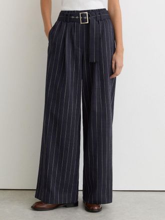 Reiss Navy Petite Pinstripe Belted Wide-leg Trousers, 16