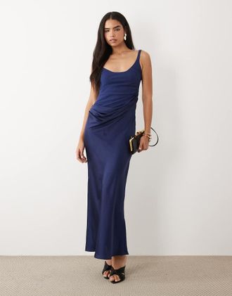 Asos Vestito lungo blu navy con scollo rotondo profondo e gonna drappeggiata asimmetrica-Multi