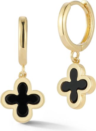 Ember Fine Jewelry 14K Gold Onyx Clover Hoop Earrings