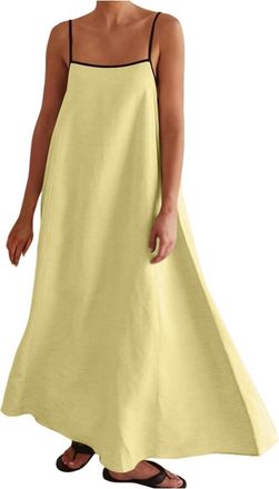 Generic Womens Linen Maxi Dress Contrast Trim Spaghetti Straps Summer Outfits Sleeveless Long Dresses Travel Vacation A Dress Women (Yellow, XL)