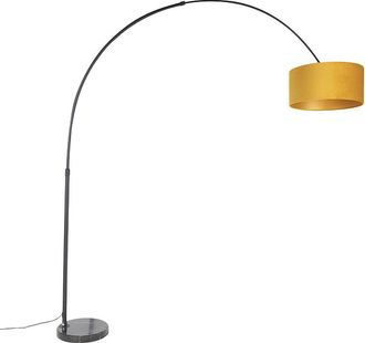 QAZQA Qazqa Moderno L&aacute;mpara De Arco Negra Con Pantalla De Terciopelo Amarillo Ocre Con Dorado 50 Cm - Xxl Acero /m&aacute;rmol /textil Alargada /cil&iacute;ndra /redonda 