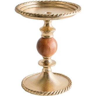 Beliani Candelero De 31 Cm De Aluminio Y Madera De Acacia Pieza Decorativa De Dise&ntilde;o Moderno Dorado Vodno