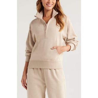 Zella Cloud Fleece Half Zip Sweatshirt in Tan Oxford at Nordstrom, Size X-Large