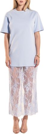 endless rose Mixed Media Cotton Knit & Lace T-Shirt Dress in Powder Blue at Nordstrom, Size X-Small