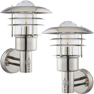 Loops 2 PACK IP44 Outdoor Wall Lamp Stainless Steel Caged Glass PIR Lantern Over Light