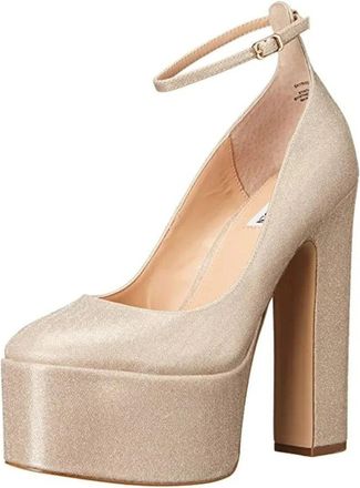 Steve Madden Skyrise Pump Gold Glitter Ankle Strap Block Heel ZAP734