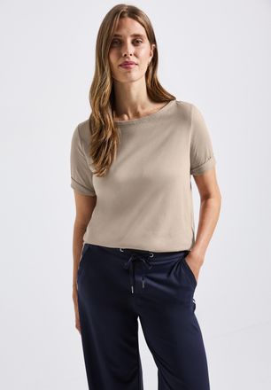 Street One T-Shirt STREET ONE, Damen, Gr. 34, beige (morning beige), Jersey, Obermaterial: 100% Baumwolle, unifarben, regular fit normal, U-Boot-Ausschnitt, abge