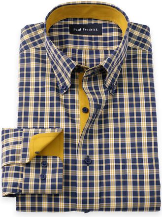 Paul Fredrick Slim Fit Comfort Stretch Non-iron Check Dress Shirt With Contrast Trim