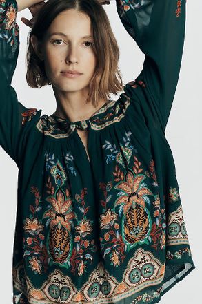 Farm Rio x Anthropologie Long-Sleeve Knotted Keyhole Top