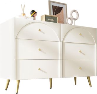 STILVORA C&oacute;moda Con 6 Cajones Y Frentes Curvados, Pata Met&aacute;lica Ajustable, Estilo Cl&aacute;sico, De Madera Y Metal, 120&times;40&times;85 Cm, Blanco Crema