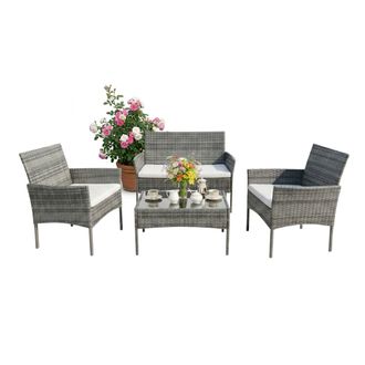 Relaxdays Relaxdays Conjunto Jard&iacute;n Para 4, 4 Piezas, Efecto Rat&aacute;n, Sof&aacute; 2 Pl., 2 Sillones, Mesa De Cristal, Exterior, Gris