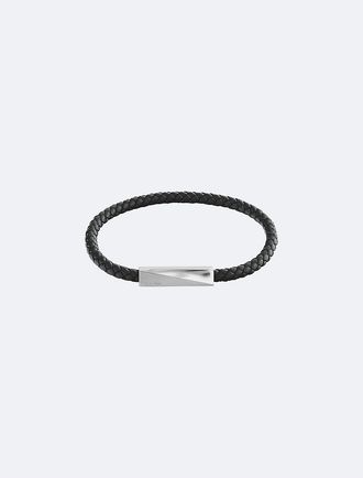 Calvin Klein Mens Beveled ID Leather Bracelet - Black - OS