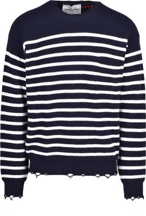 Amaranto Blue/White Distressed Striped Wool Sweater