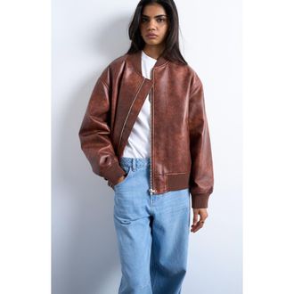 Topshop Oversize Faux Leather Bomber Jacket in Tan at Nordstrom Rack, Size Medium