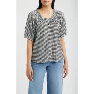 Bobeau Check Front Button Top in White/black at Nordstrom, Size X-Large
