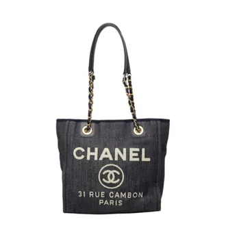 Chanel Navy Canvas Leather Shoulder Bag Tote Bag (Pre-Owned)