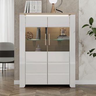 Dmora Vitrina Erto, Mueble Expositor 2 Estantes, 2 Puertas, Detalles De Vidrio, 96x35x130h Cm Blanco Mate