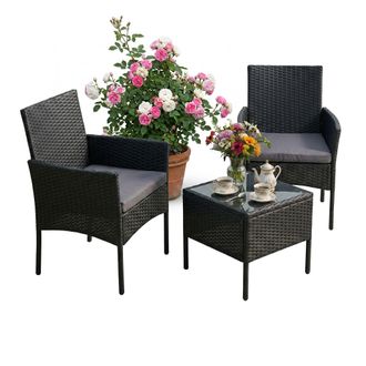 Relaxdays Relaxdays Conjunto Jard&iacute;n 3 Piezas De Rat&aacute;n, 2 Sillones Y Mesa De Cristal, Para 2 Personas, Exterior, Negro