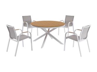 Vente-Unique Comedor de jard&iacute;n de aluminio: mesa redonda D.125 cm y 4 sillones - Blanco y natural claro - ZEYVA de MYLIA