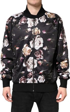 Dolce & Gabbana Black Floral Polyester Full Zip Bomber Mens Jacket