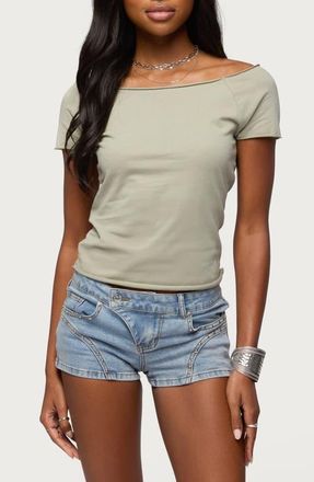 Edikted Kamalah Cotton Boatneck Tee in Sage at Nordstrom, Size X-Large