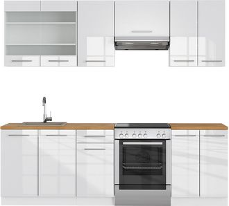 Vicco Mueble De Cocina Fame-line, Blanco Alto Brillo/blanco, 240 Cm, Et Roble